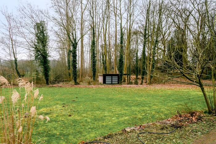 Tuin · groot gazon met tuinhuis, aansluitend op landgoedbossen